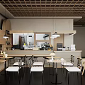 Modern Café Interior With Wooden Lattice Ceiling Hanging Lights Bar Counter And Tables Chairs