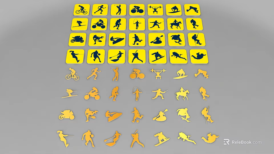 Yellow Background Black And Gold Sport Silhouette Stickers With Activity Icons 3d model 