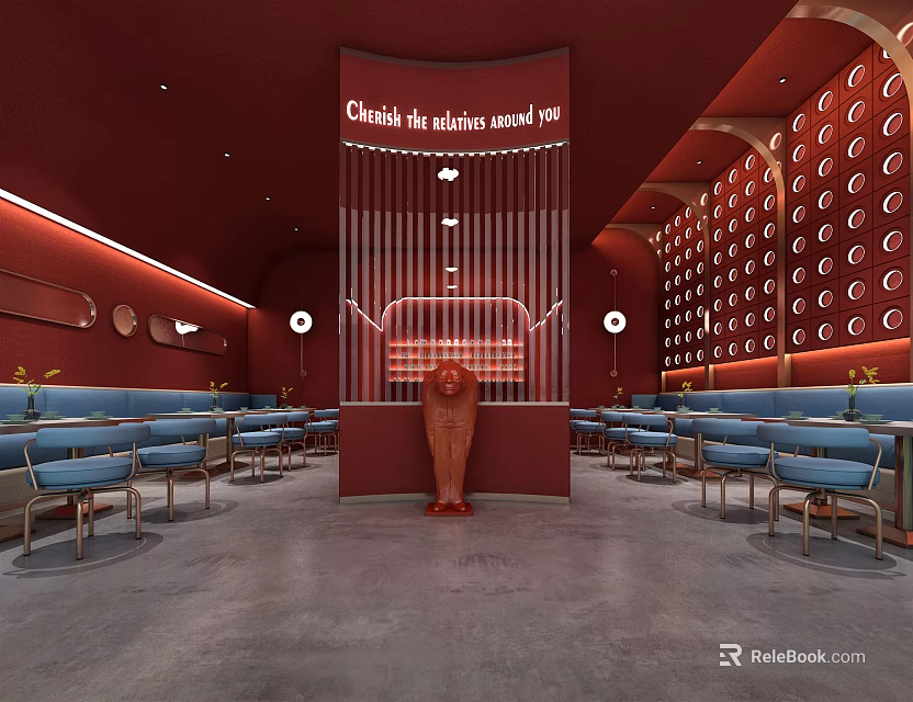 Modern Red Café Interior With Blue Seats Circular Patterns And Central Counter 3d model