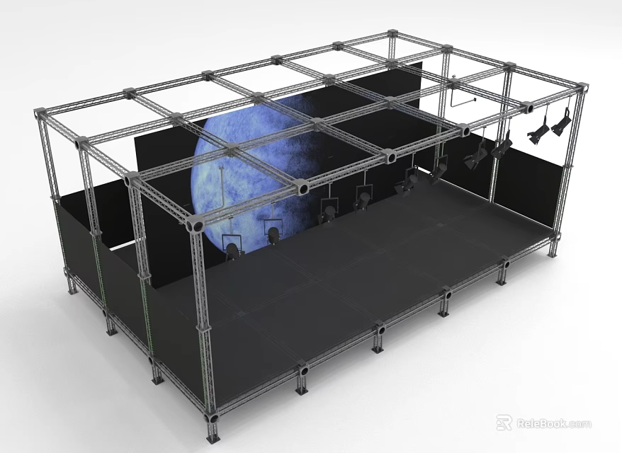 Metal Frame Stage With Black Platform Blue Moon Backdrop And Lighting Fixtures 3d model 