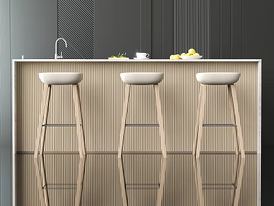 Bar Counter With Three White Wooden Stools Light Countertop Faucet And Dark Wall Background 3d model