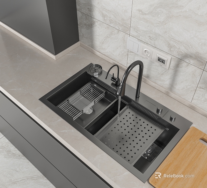 Modern Kitchen Sink Double Bowl Design With Black Faucet Drainer And Under Mount Style 3d model 