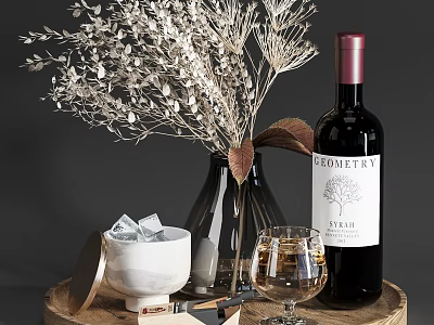 Chic Syrah Wine Bottle And Glass With Dried Flowers Vase Ice Bowl On Wooden Tray 3d model