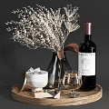 Chic Syrah Wine Bottle And Glass With Dried Flowers Vase Ice Bowl On Wooden Tray