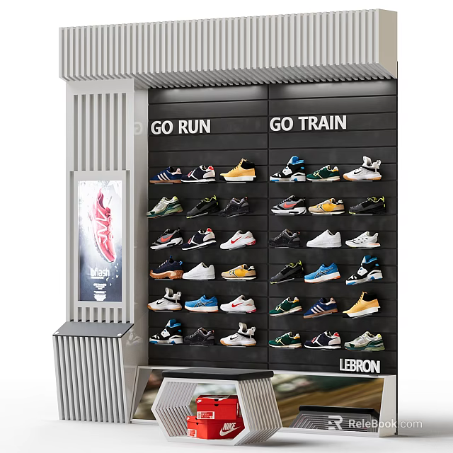 Go Run And Go Train Shoes Displayed On Wall With Lebron Series In Store 3d model 