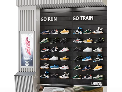 Go Run And Go Train Shoes Displayed On Wall With Lebron Series In Store 3d model