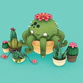 Cartoon Octopus Shaped Cactus With Red Flowers And Small Potted Plants On Light Blue Background