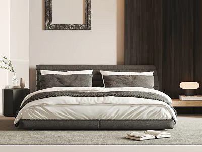 Modern Double Bed with Gray Headboard White Gray Bedding Nightstands Decorative Painting and Table Lamp 3d model