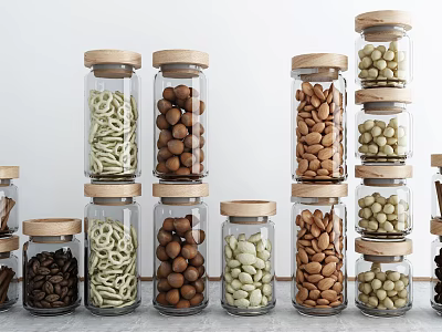 Glass Spice Jars With Wooden Lids Filled With Dry Ingredients Arranged On Marble Countertop 3d model