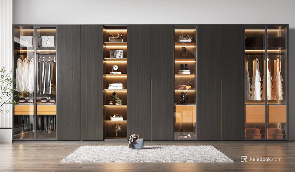 Modern Dark Wood Wardrobe With Glass Doors Built-in LED Lights And Organized Storage 3d model 