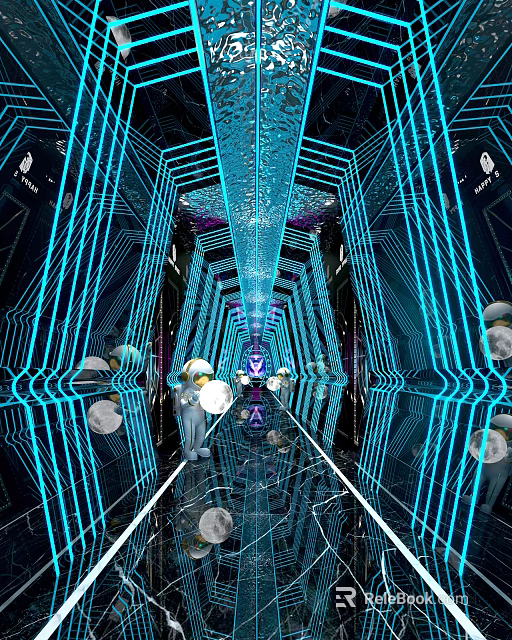 Futuristic Tech Inspired Bar With Blue Neon Lighting And Corridor Design 3d model