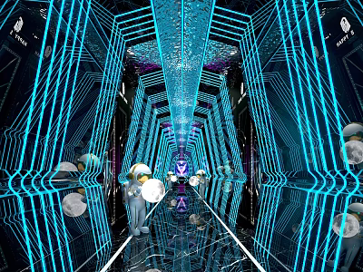 Futuristic Tech Inspired Bar With Blue Neon Lighting And Corridor Design 3d model
