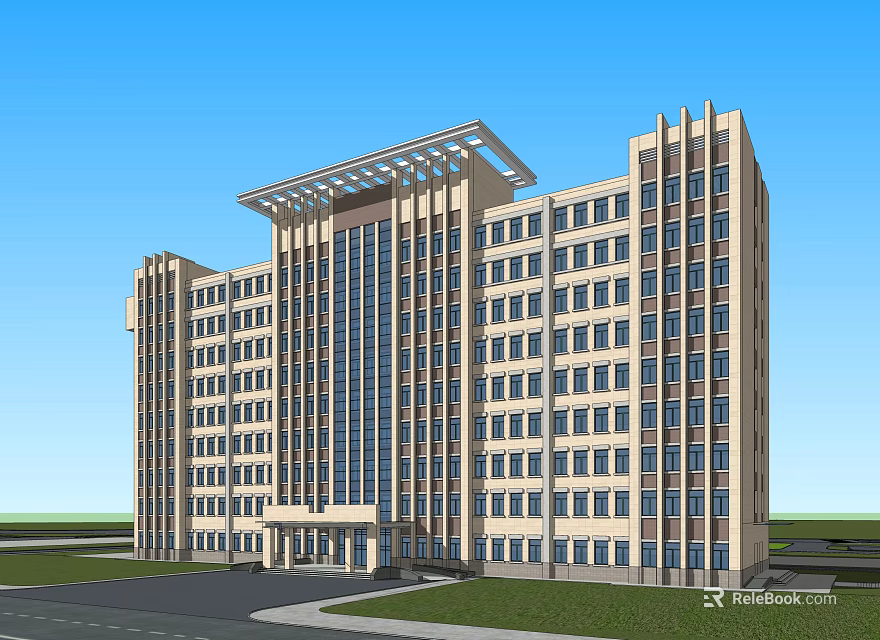 Modern Office Building Exterior With Multiple Floors Large Windows Light Facade And Architectural Top Design 3d model 