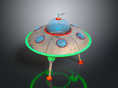 Alien Character And Extraterrestrial Being In UFO With Transparent Dome Green Ring And Colored Structures 3d model