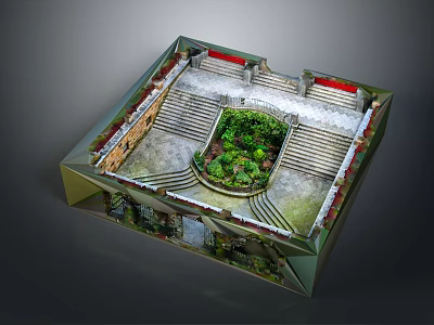Elegant Square Courtyard Garden Landscape With Central Greenery Stone Steps And Red Brick Borders 3d model
