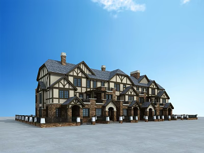 Semi Detached Villa Exterior Architecture With Tudor Style Stone Wood Facade And Chimneys 3d model