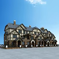 Semi Detached Villa Exterior Architecture With Tudor Style Stone Wood Facade And Chimneys