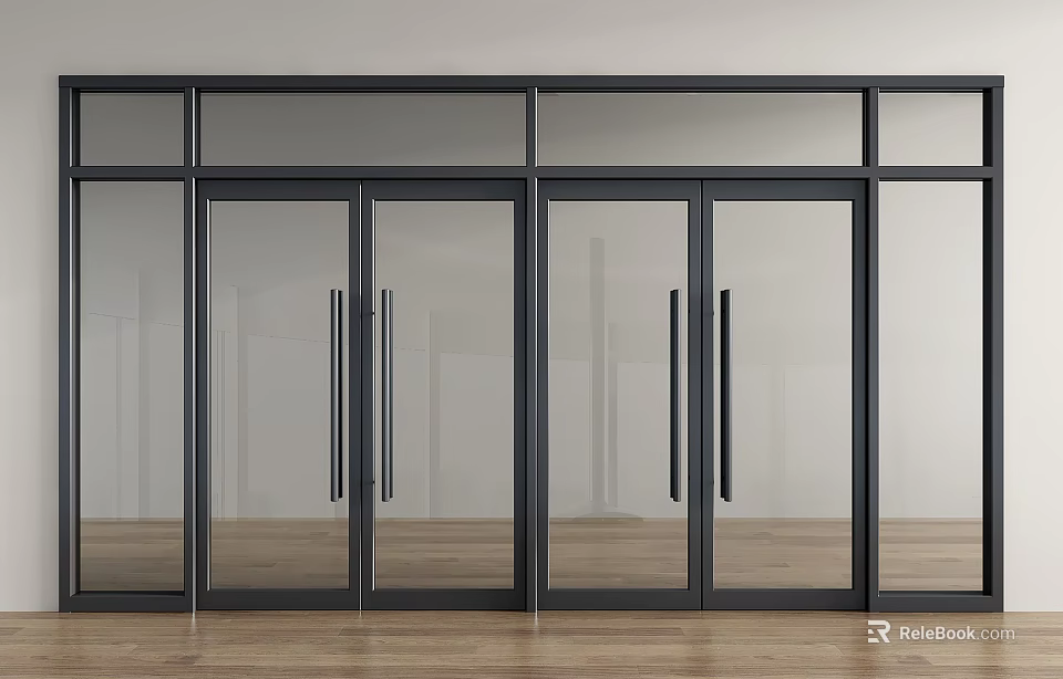 Modern Double Doors With Glass Panels Black Frame And Wooden Floor In Interior 3d model 