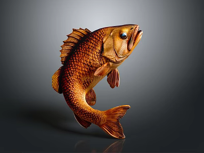 Leaping Brown Wooden Carved Fish With Detailed Scales And Glossy Reflection 3d model