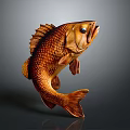 Leaping Brown Wooden Carved Fish With Detailed Scales And Glossy Reflection