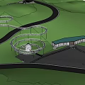 Road Facilities Surrounded by Trees and Greenery Sloped Path with Railings in Urban Park Area
