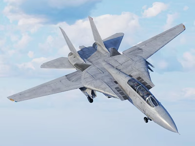 Fighter Jet Flying High in Clear Blue Sky with Fluffy Clouds 3d model