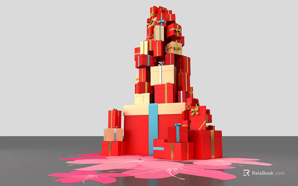 Decorative Stacked Red Gift Boxes Tower With Blue Ribbons And Pink Petal Base 3d model 