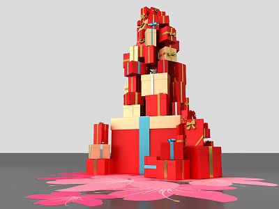 Decorative Stacked Red Gift Boxes Tower With Blue Ribbons And Pink Petal Base 3d model