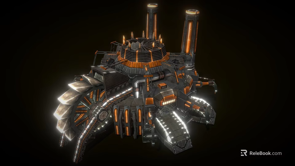 Futuristic Metallic Industrial Factory Design With Tall Towers Illuminated Accents And Complex Structure 3d model 