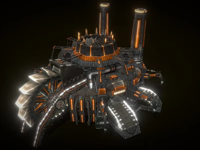 Futuristic Metallic Industrial Factory Design With Tall Towers Illuminated Accents And Complex Structure 3d model