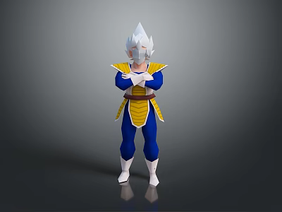 Anime Warrior Character With White Spiky Hair Blue And Yellow Outfit Arms Crossed Standing Pose 3d model