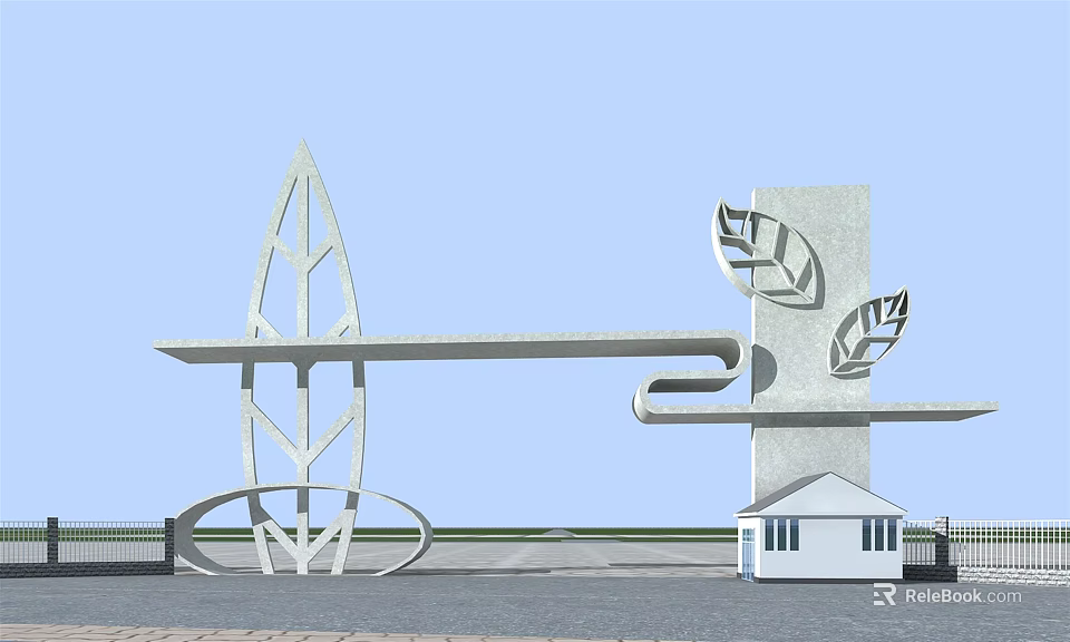 Modern Entrance Gate With Abstract Leaf Shaped Design Curved Structure And Small Building 3d model 