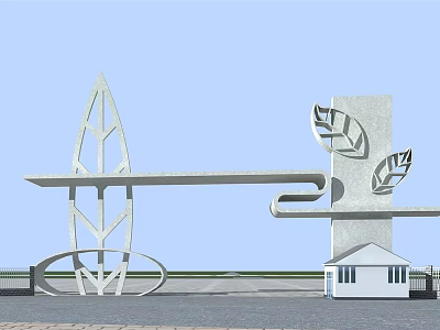 Modern Entrance Gate With Abstract Leaf Shaped Design Curved Structure And Small Building 3d model