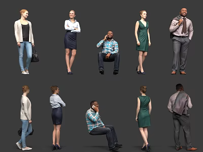 Multiple People in Various Poses and Different Outfits Front Side Views 3d model