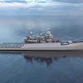 Modern Warship On Open Sea With Radar Antennas Upper Deck Structures And Calm Water Reflections