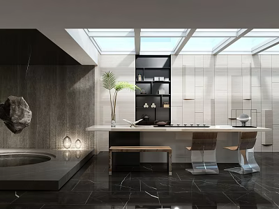 Modern Leisure Area Featuring Skylights Bathtub Long Table Chairs and Black Flooring 3d model