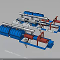 Red And Blue Industrial Mechanical Equipment With Pipes And Multiple Units