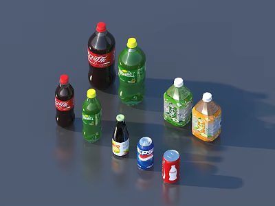 Assorted Branded Beverage Bottles Including Coca Cola Sprite And Fanta Arranged On Gray Surface 3d model