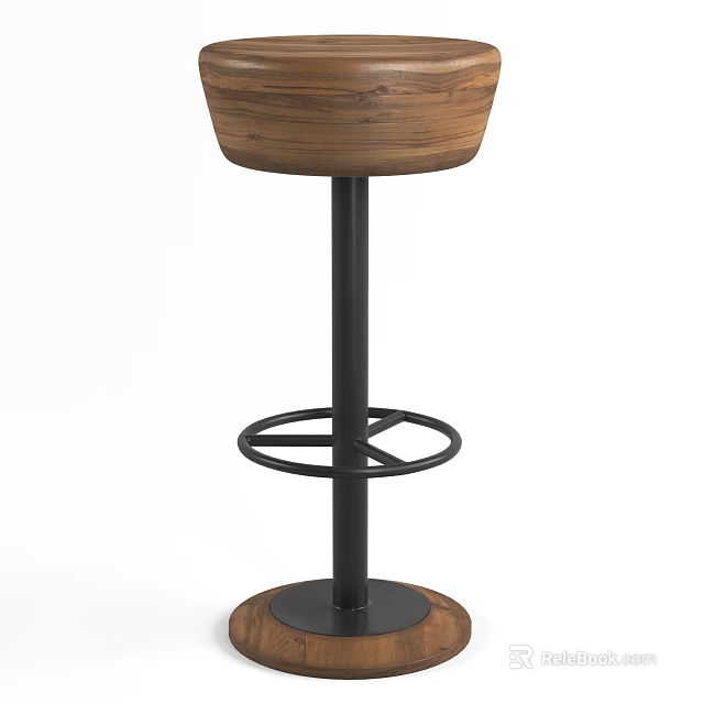 Modern Wooden Bar Stool With Black Metal Frame And Circular Footrest 3d model 