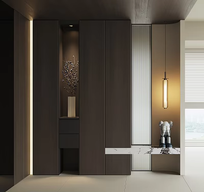 Modern Dark Wood Shoe Cabinet Interior With Built in Drawer Decorative Vase And Hanging Light 3d model