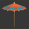 Decorative Orange Umbrella With Blue Red Floral Patterns And Wooden Handle