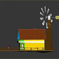 Cartoon Scene with Colorful Houses Red Roof Windmill Wooden Fence and Green Grass