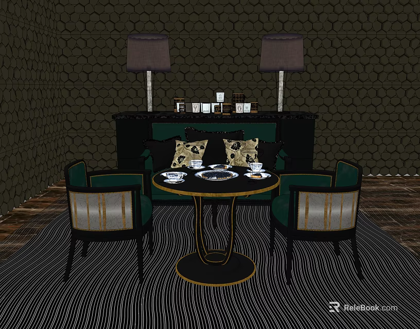 Classic Round Dining Table Set With Four Chairs And Table Lamps On Dark Wall 3d model 