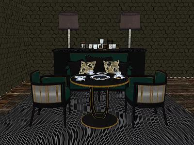 Classic Round Dining Table Set With Four Chairs And Table Lamps On Dark Wall 3d model