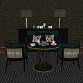 Classic Round Dining Table Set With Four Chairs And Table Lamps On Dark Wall