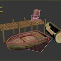 Wooden Boat Near Wooden Dock with Chair Log Plaid Blanket and Reflection