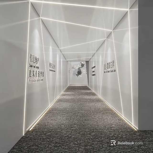 Hotel Corridor Featuring White Walls Geometric LED Strip Lighting Gray Carpet and Wall Art 3d model 