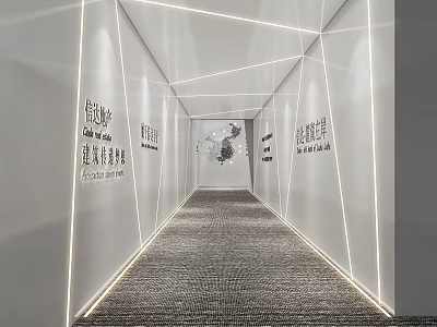 Hotel Corridor Featuring White Walls Geometric LED Strip Lighting Gray Carpet and Wall Art 3d model