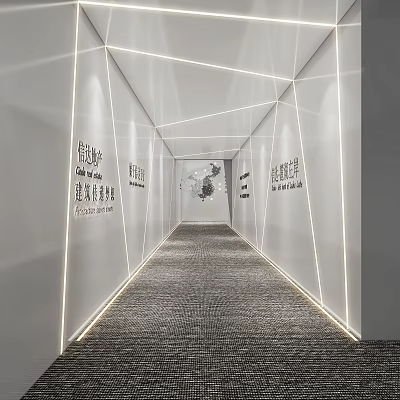 Hotel Corridor Featuring White Walls Geometric LED Strip Lighting Gray Carpet and Wall Art 3d model