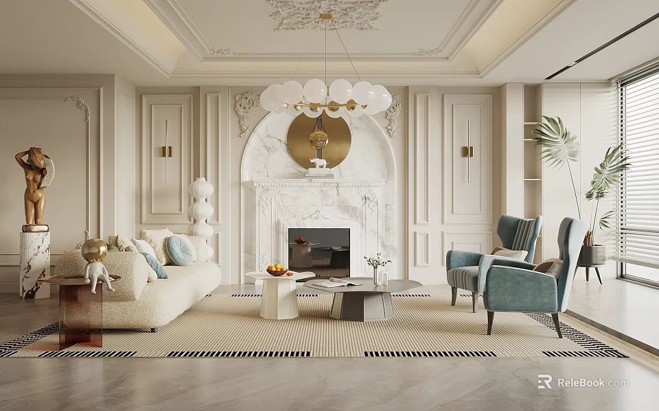 Elegant Luxury Living Room Interior With White Sofa And Marble Fireplace Chandelier 3d model 